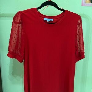 CeCe Vibrant Red Top with Sheer Sleeves